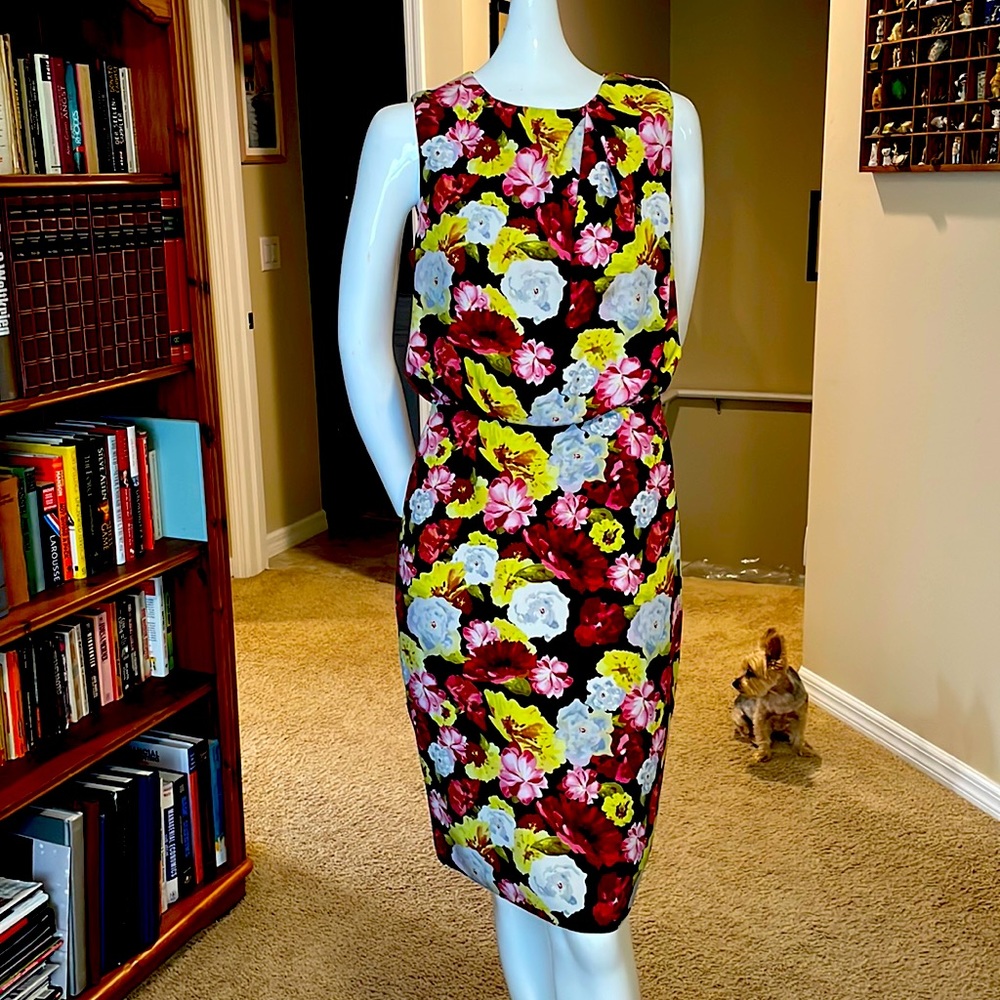 Magaschoni Silk Floral Draped Open Slit Back Cocktail Dress 4 NWOT